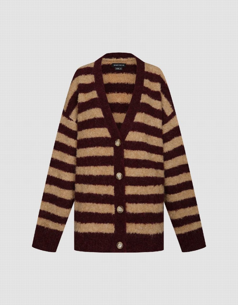 Women's Urban Revivo Furry Striped V-Neck Knitted Cardigan Brown Multicolor | AUI9049IW