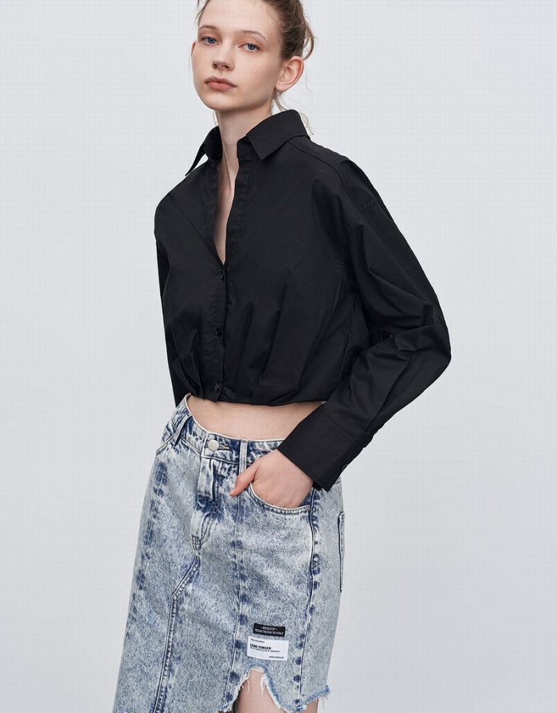 Women's Urban Revivo Gathered Waist Cropped Cotton Shirts Black | ZXT9646DJ