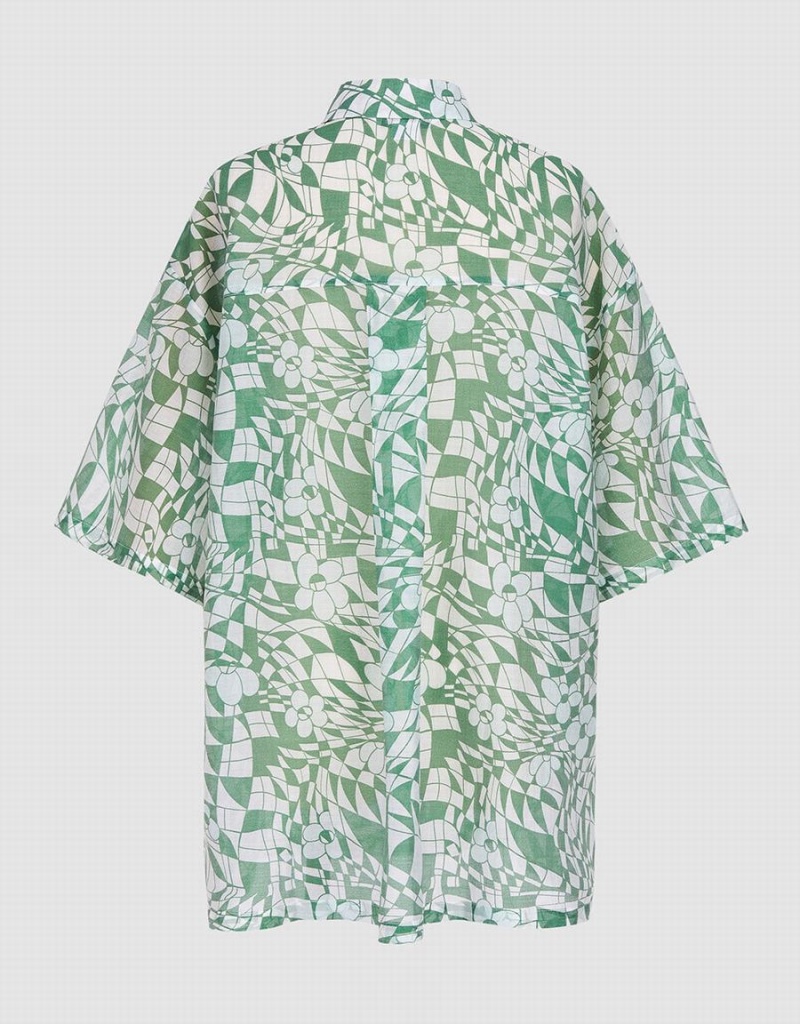 Women's Urban Revivo Geometric Print Short Sleeve Shirts Green | HPI3086GY