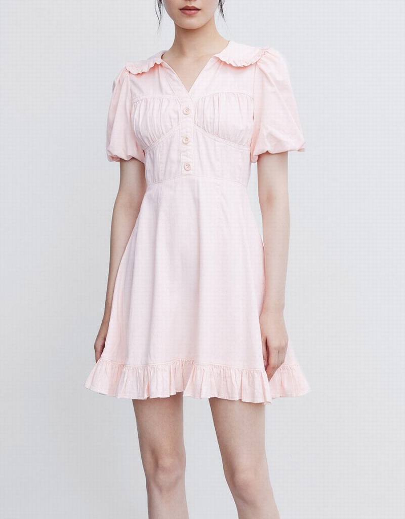 Women's Urban Revivo Half Button Ruffle Hem Denim Dress Pink | YTQ446CG