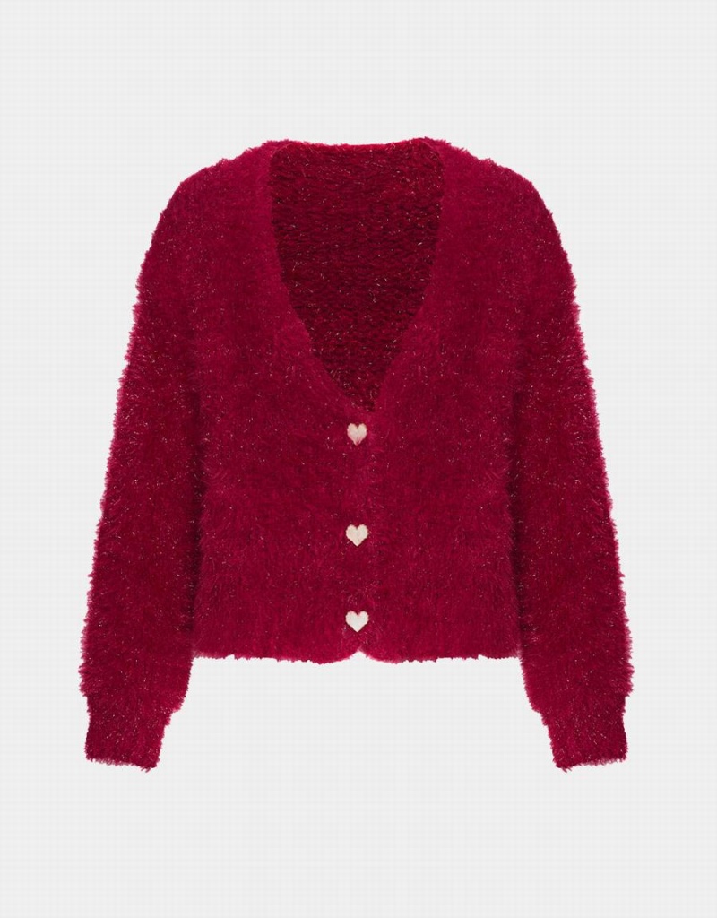 Women\'s Urban Revivo Heart Button Fluffy Cardigan Red | PIF535MA