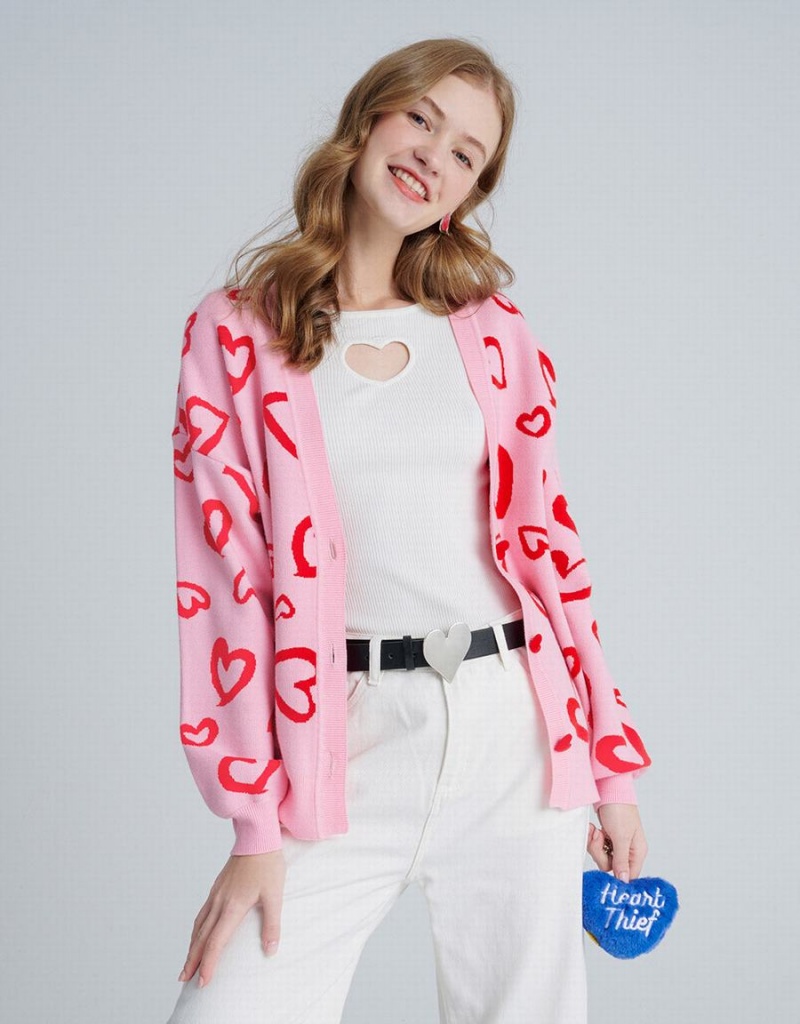 Women's Urban Revivo Heart Pattern Jacquard Button Up Oversized Cardigan Pink | SKH9493QZ