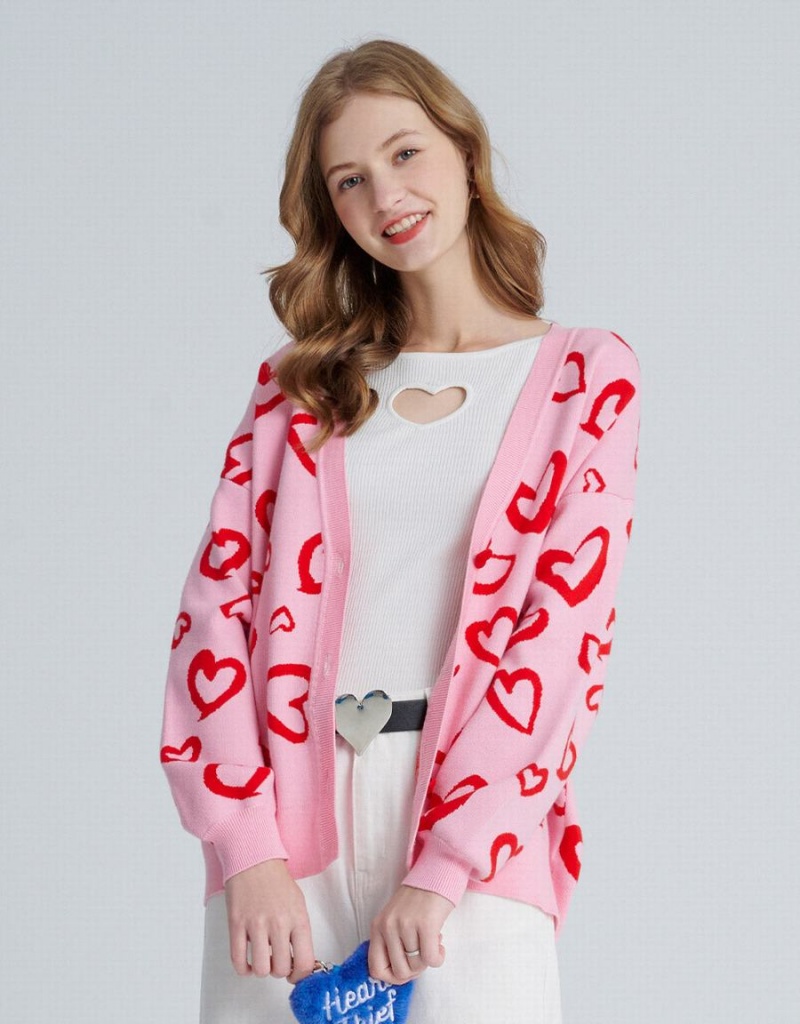 Women's Urban Revivo Heart Pattern Jacquard Button Up Oversized Cardigan Pink | SKH9493QZ