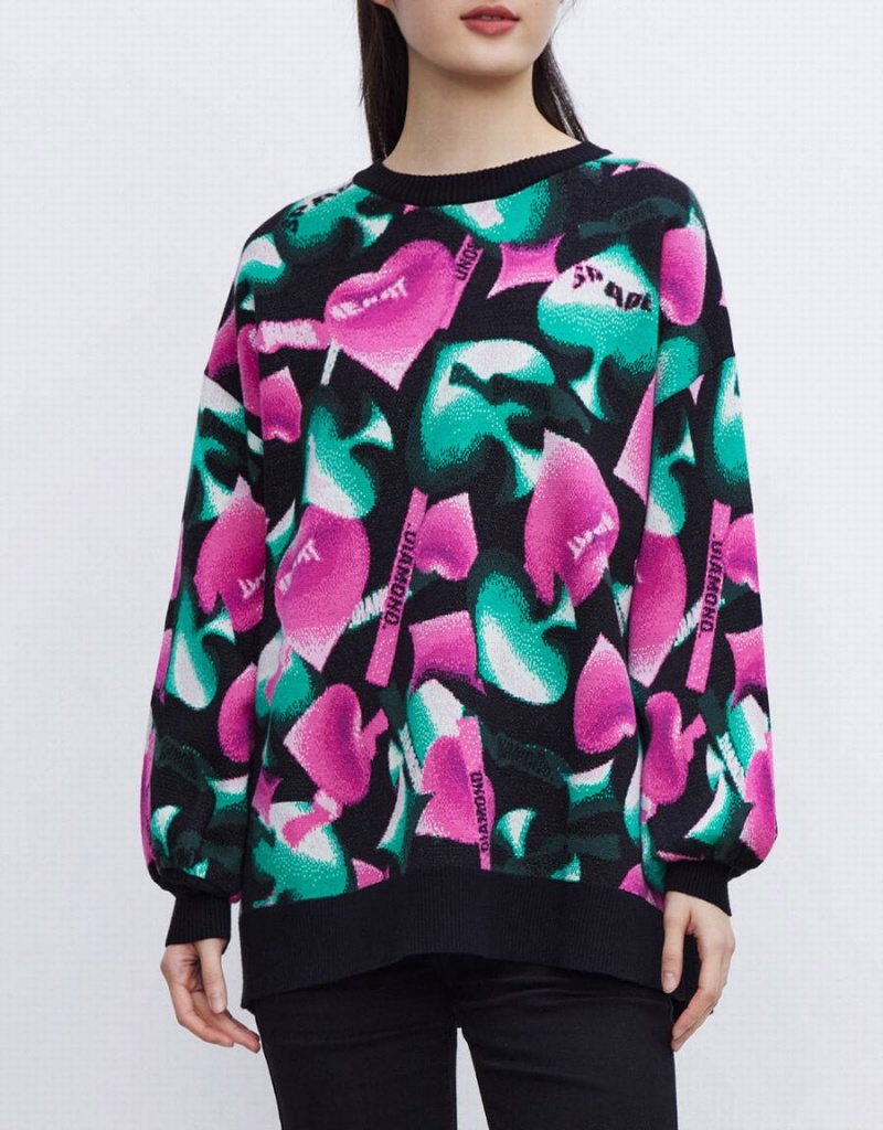 Women's Urban Revivo Heart Pattern Oversized Sweaters Pink Green Black | BQF2438UR