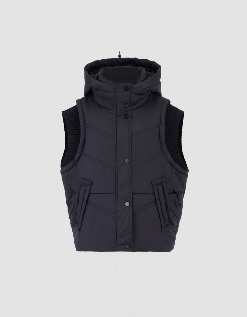 Women's Urban Revivo Hooded Padded Waistcoat Coats Black | IGZ5215YW