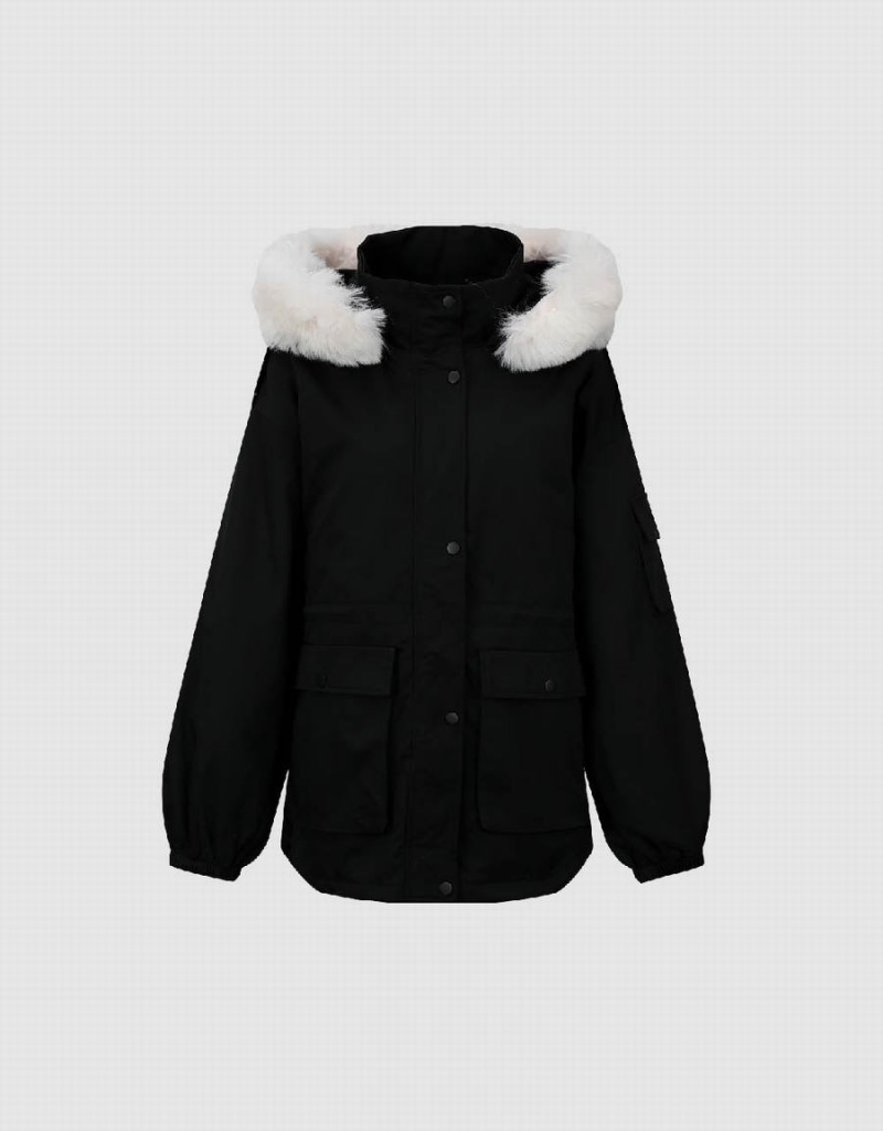 Women's Urban Revivo Hooded Padded With Furry Collar Coats Black | YLR613GG