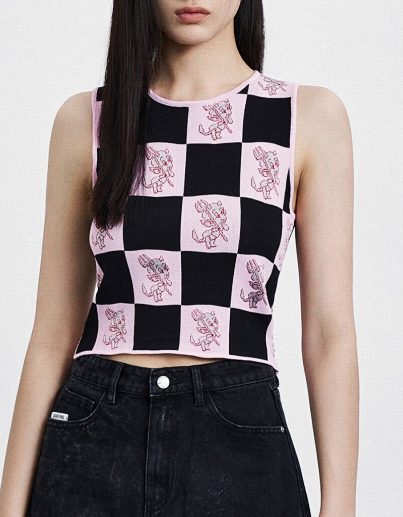 Women's Urban Revivo Hot Stuff Checkered Knitted Tank Top Pink | GTW1522GI