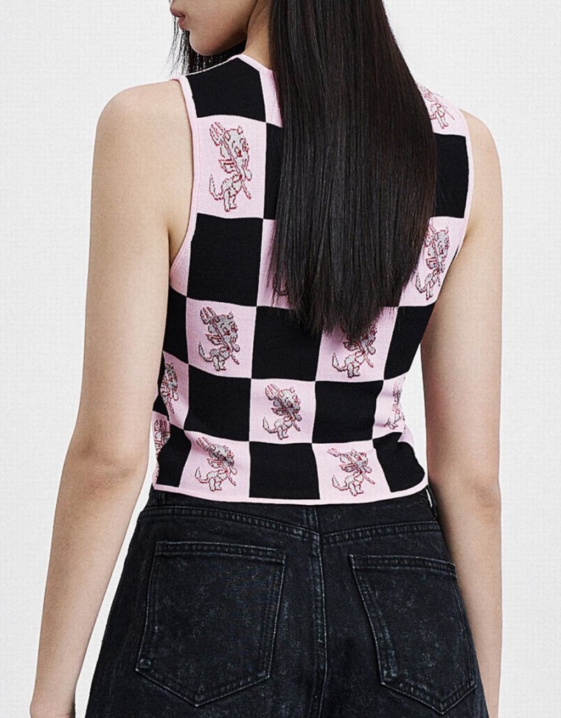 Women's Urban Revivo Hot Stuff Checkered Knitted Tank Top Pink | GTW1522GI