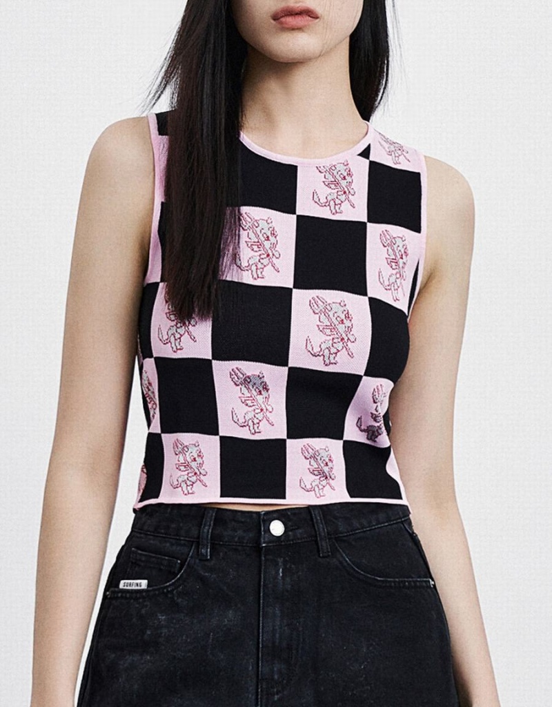 Women\'s Urban Revivo Hot Stuff Checkered Knitted Tank Top Pink | GTW1522GI