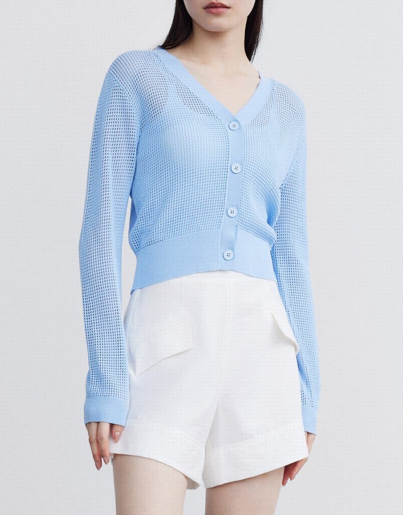 Women's Urban Revivo Knitted Button Up Cardigan Blue | CYN85JM