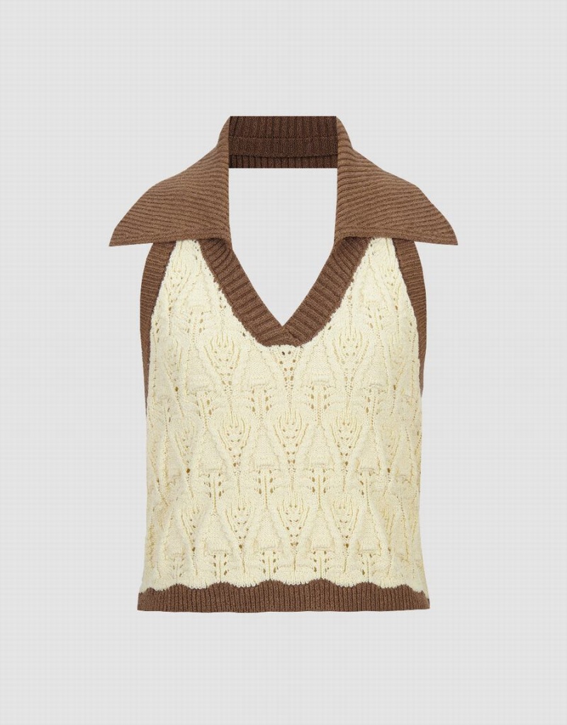 Women's Urban Revivo Knitted Lapel Cardigan Beige | UXY474HU