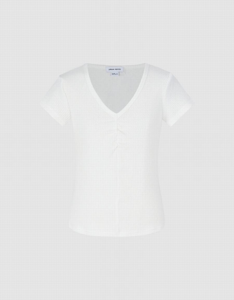 Women's Urban Revivo Knitted V-Neck Skinny T Shirts White | MDA6279CL