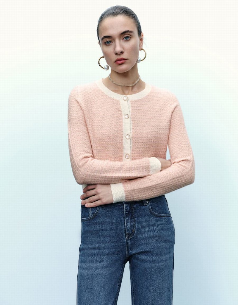 Women's Urban Revivo Knitted With Faux Pearl Buttons Cardigan Pink | KON7723HP