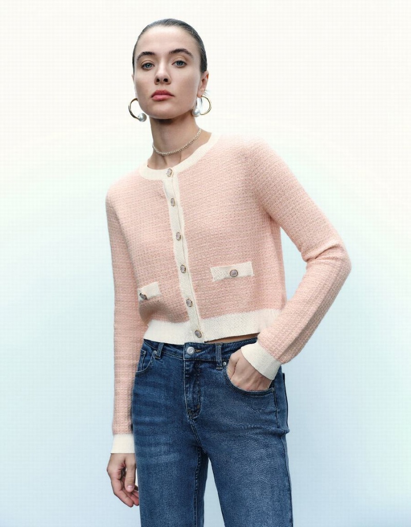 Women\'s Urban Revivo Knitted With Faux Pearl Buttons Cardigan Pink | KON7723HP