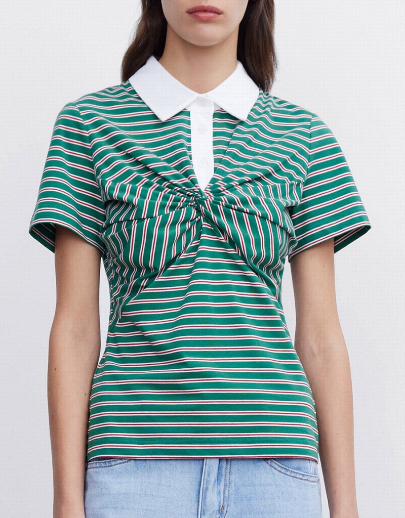 Women's Urban Revivo Knotted Detail Striped Polo Shirts Green | RMN4228NW