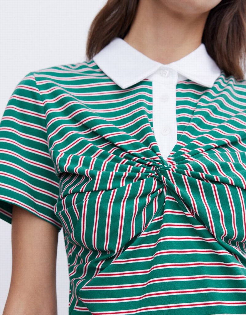 Women's Urban Revivo Knotted Detail Striped Polo Shirts Green | RMN4228NW