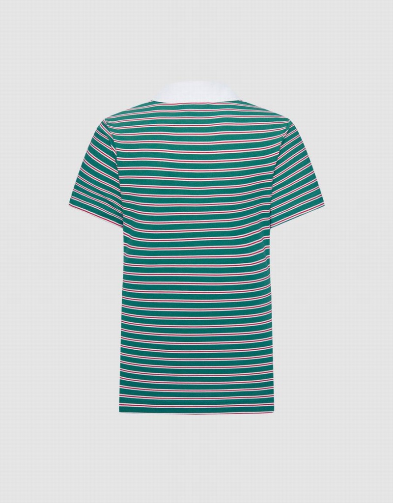 Women's Urban Revivo Knotted Detail Striped Polo Shirts Green | RMN4228NW