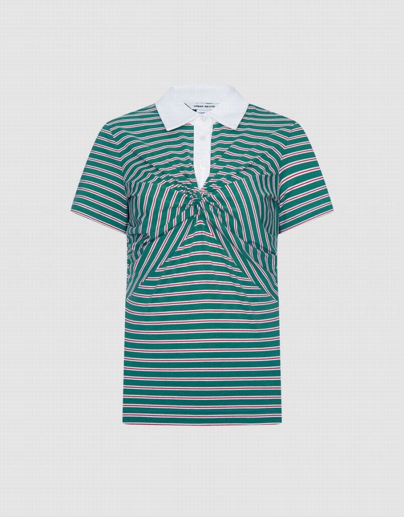 Women\'s Urban Revivo Knotted Detail Striped Polo Shirts Green | RMN4228NW