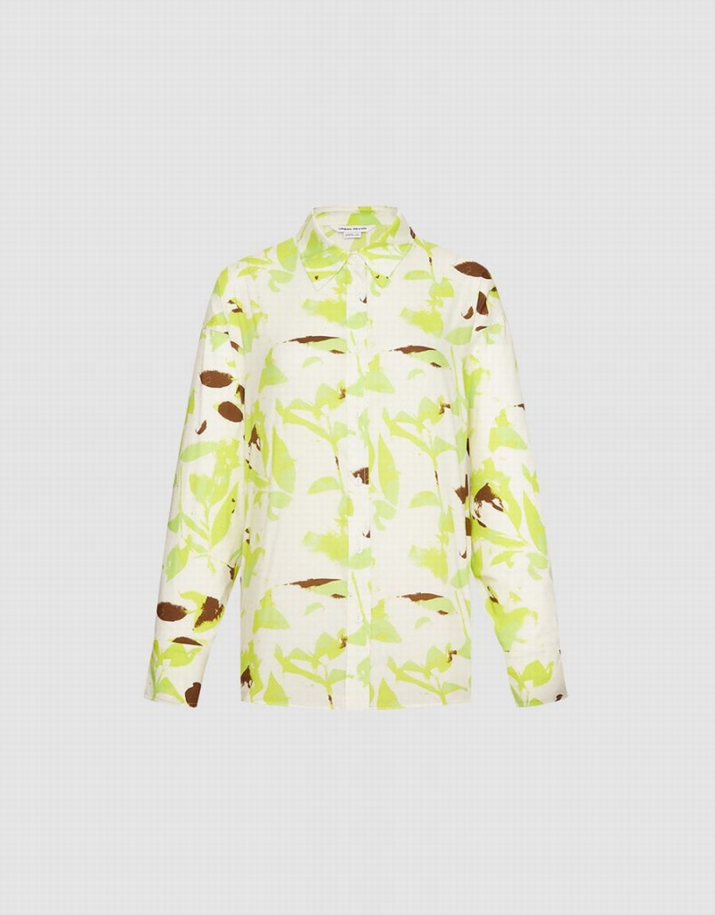 Women's Urban Revivo Leaf Print Button Up Shirts Green | VAL192YF