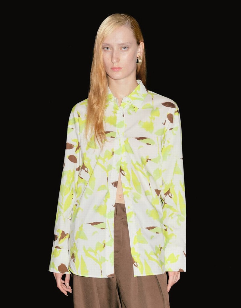 Women's Urban Revivo Leaf Print Button Up Shirts Green | VAL192YF