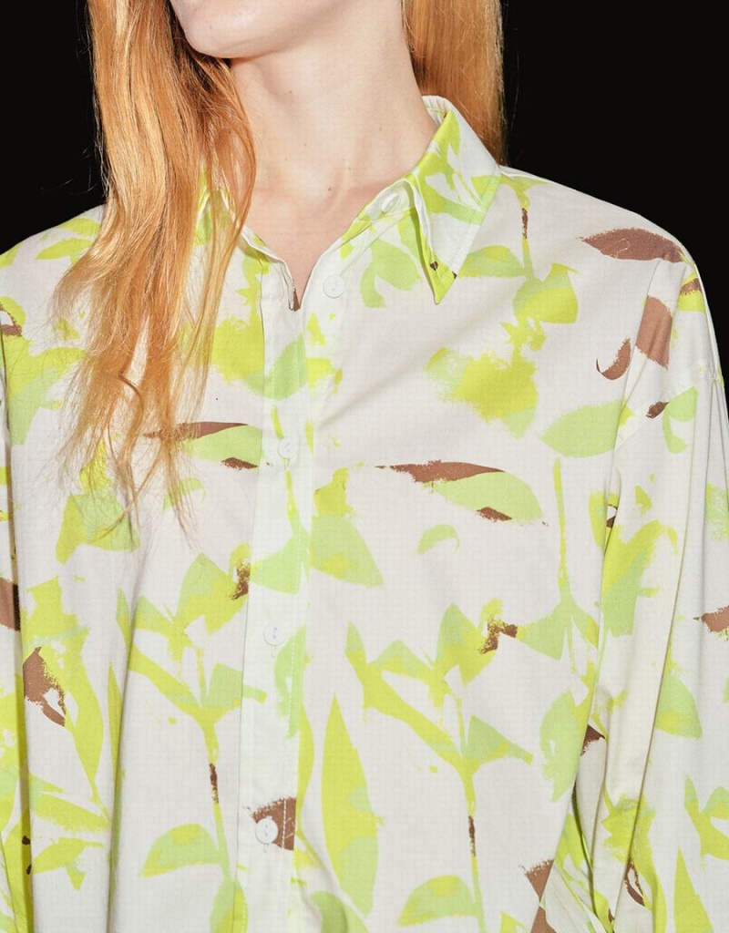 Women's Urban Revivo Leaf Print Button Up Shirts Green | VAL192YF