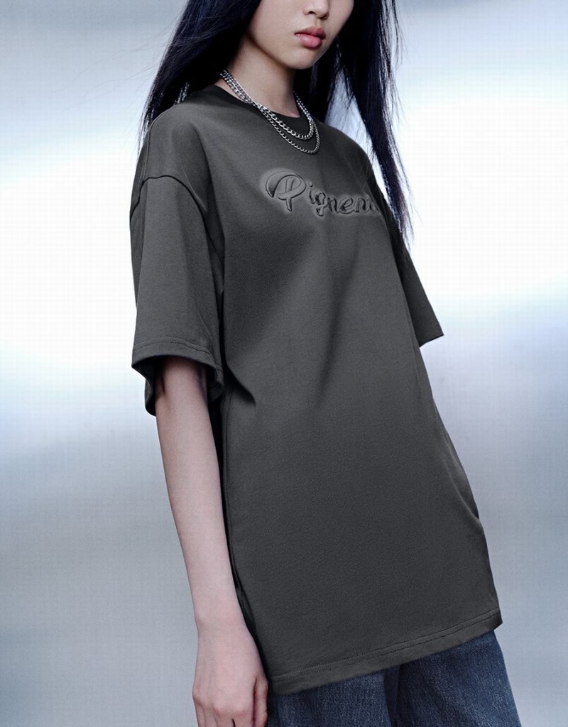 Women's Urban Revivo Letter Embossed Crew Neck Loose T Shirts Grey | KOQ6566ZI