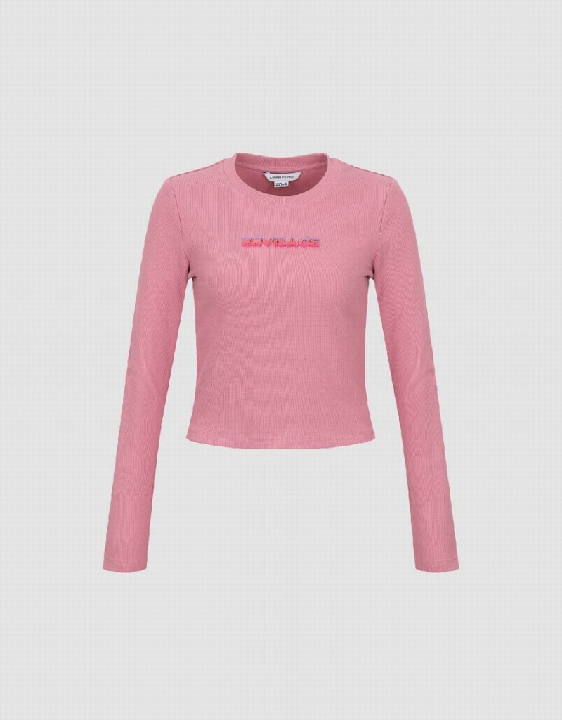 Women's Urban Revivo Letter Embossed Crew Neck Knitted T Shirts Pink | OSC7855HD