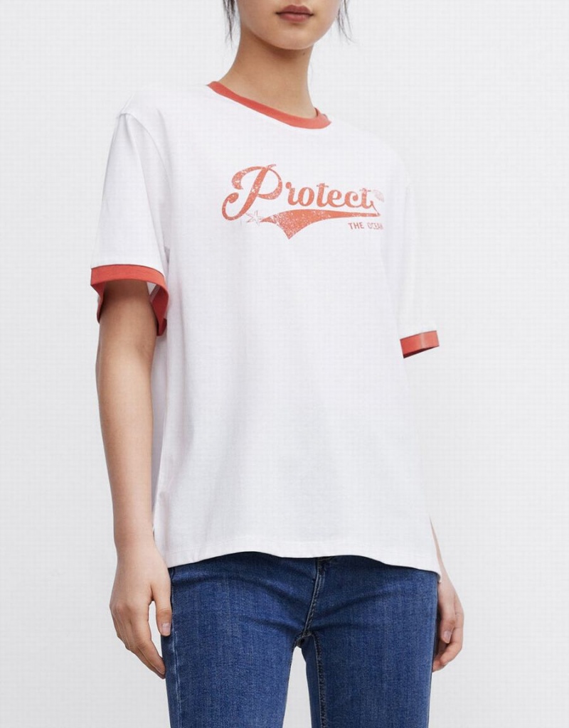 Women's Urban Revivo Letter Print T Shirts White | BES5753PJ