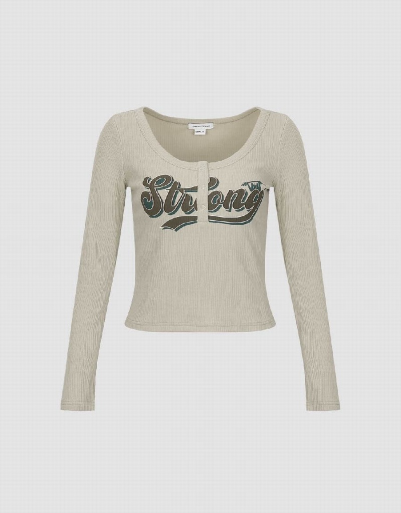 Women's Urban Revivo Letter Printed Crew Neck Skinny T Shirts Khaki | SYT752FQ