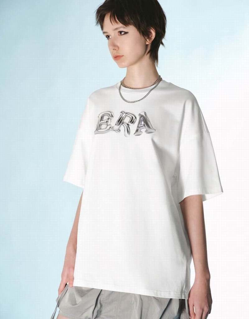 Women's Urban Revivo Letter Printed Crew Neck Loose T Shirts White | SGX9196RC