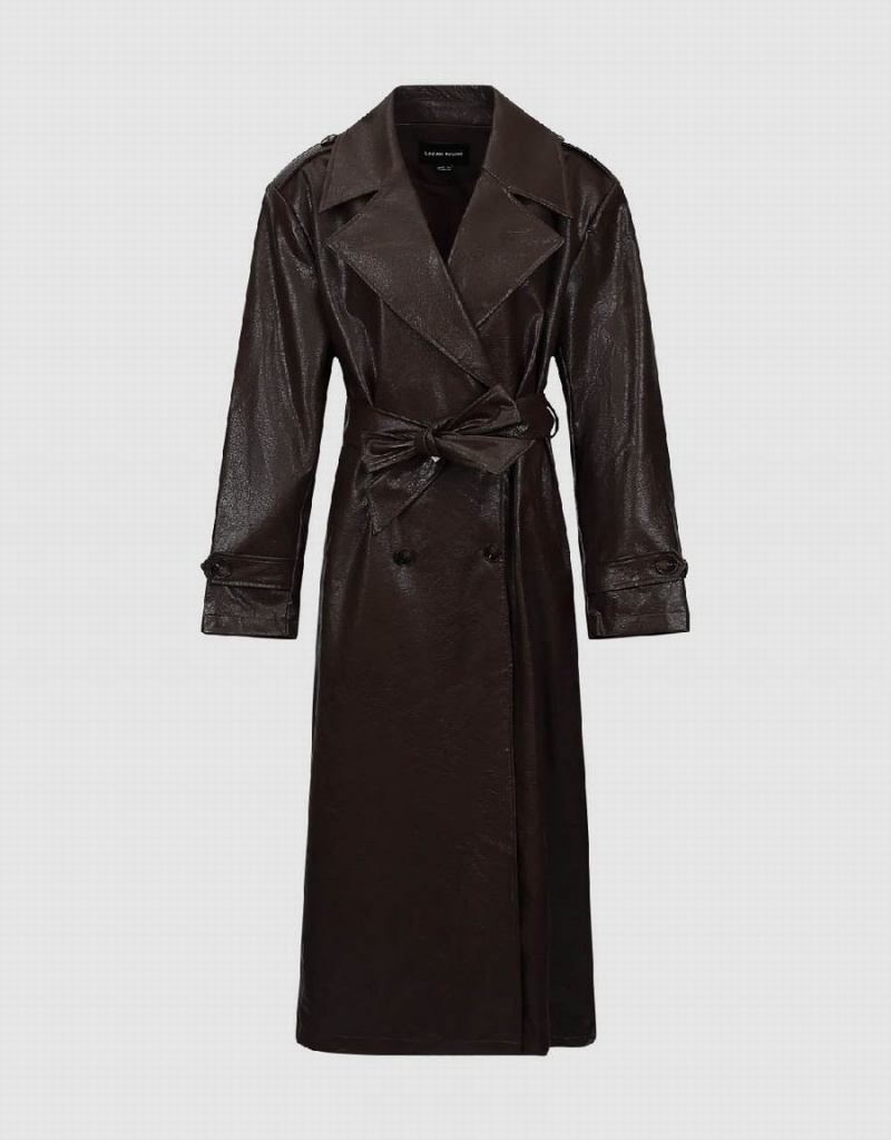 Women's Urban Revivo Longline Vegan Leather Trench Trench Coat Brown | YCW8220MW