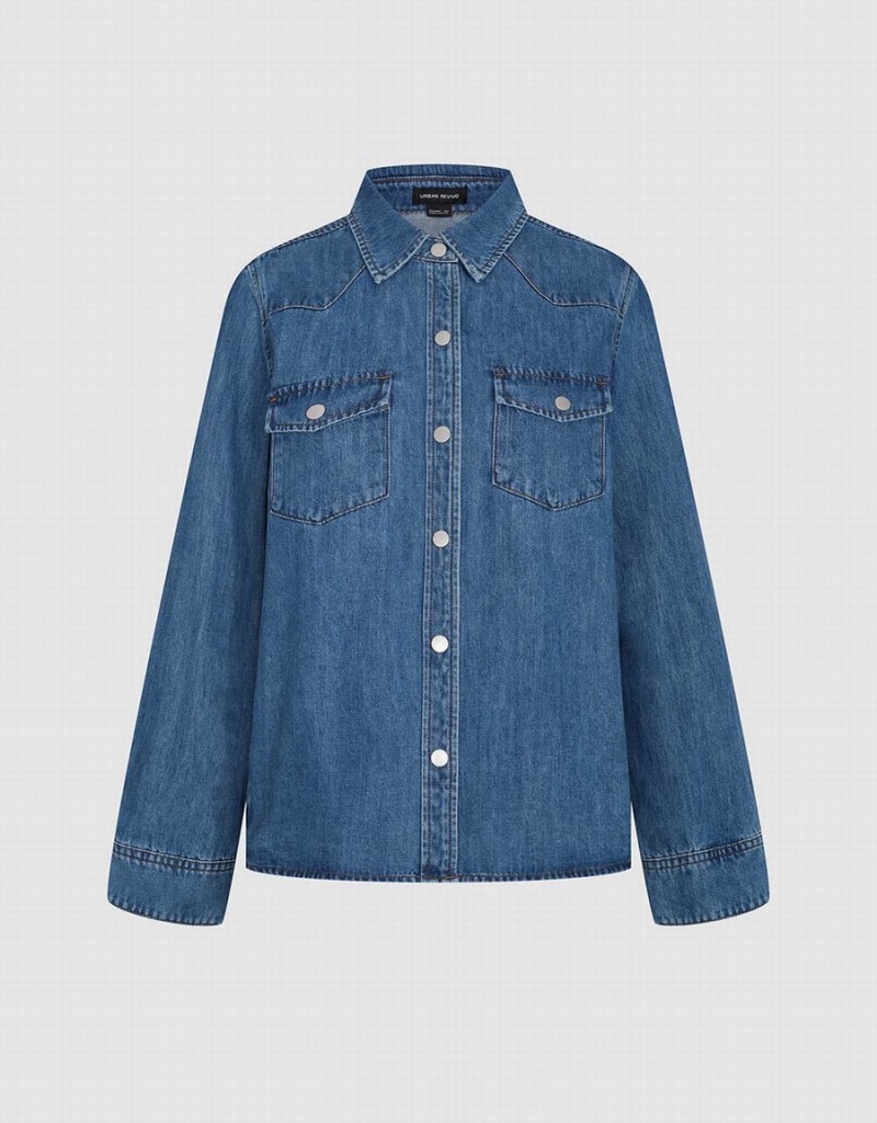 Women's Urban Revivo Loose Denim With Pressed Buttons Shirts Blue | YYH9163JT