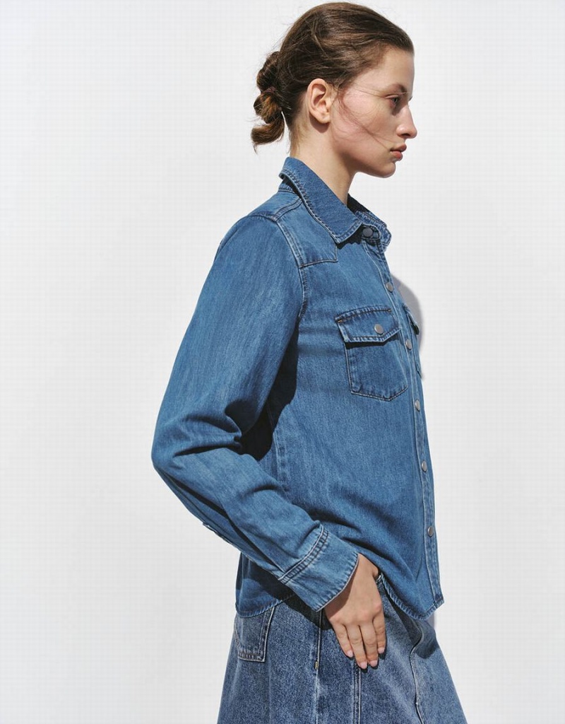 Women's Urban Revivo Loose Denim With Pressed Buttons Shirts Blue | YYH9163JT