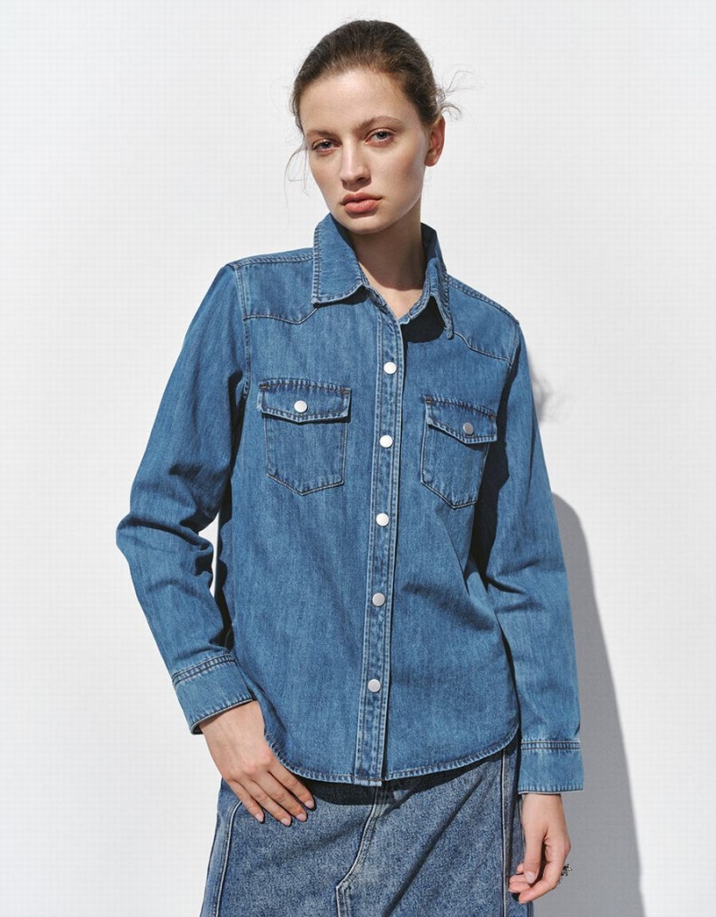 Women\'s Urban Revivo Loose Denim With Pressed Buttons Shirts Blue | YYH9163JT