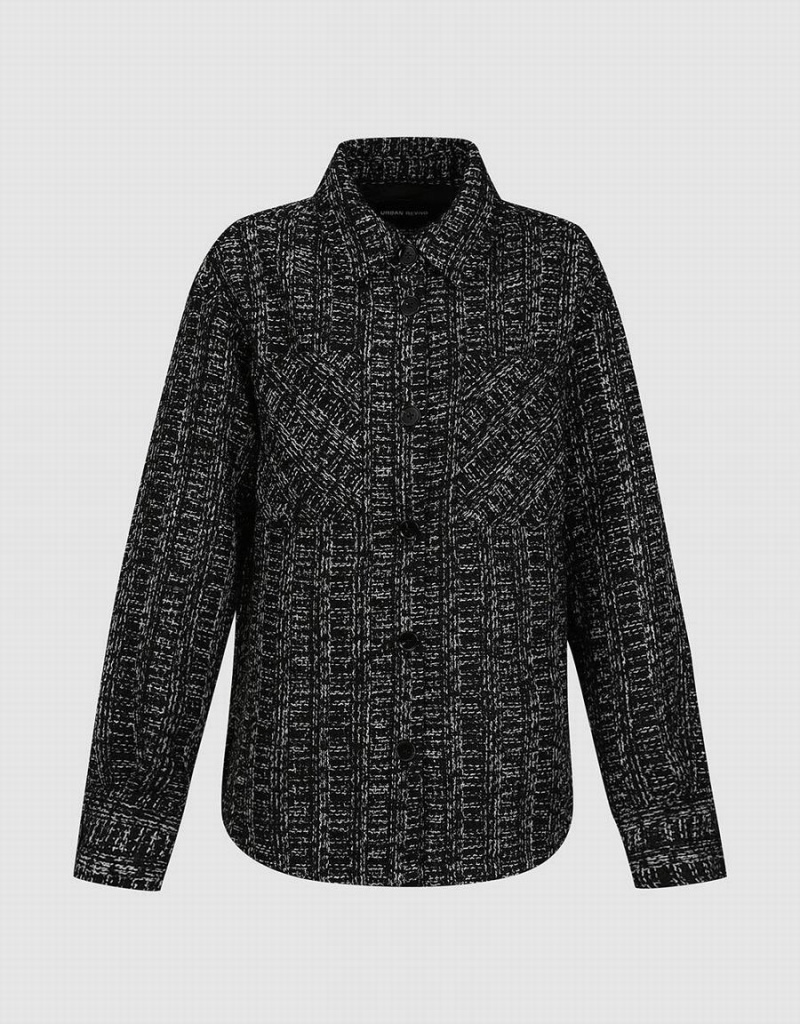 Women's Urban Revivo Loose Straight Woolen Checkered Coats Black | TTV560GA