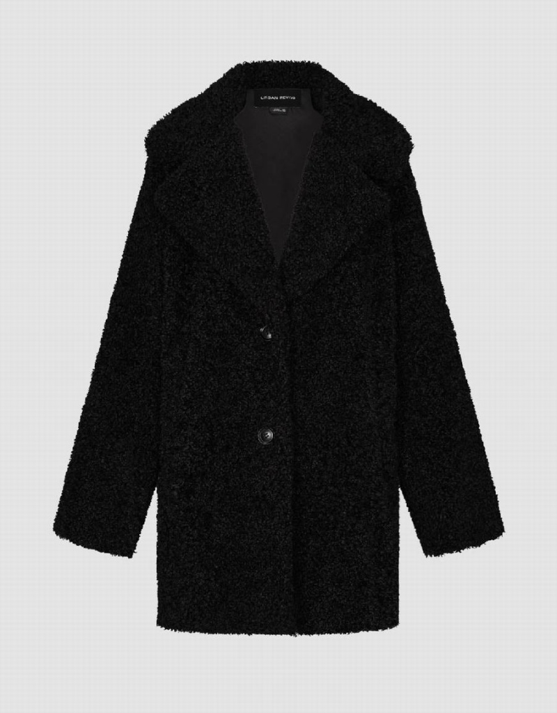 Women's Urban Revivo Notch Lapel Longline Furry Coats Black | IWQ9661OY