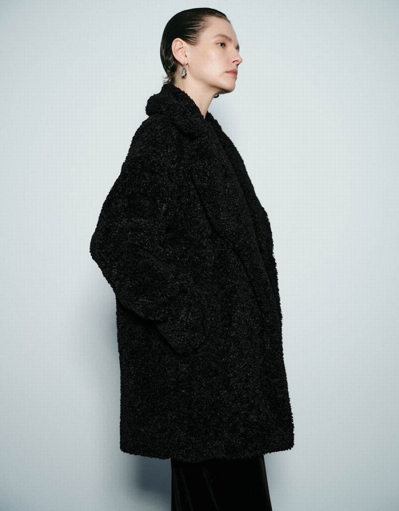 Women's Urban Revivo Notch Lapel Longline Furry Coats Black | IWQ9661OY