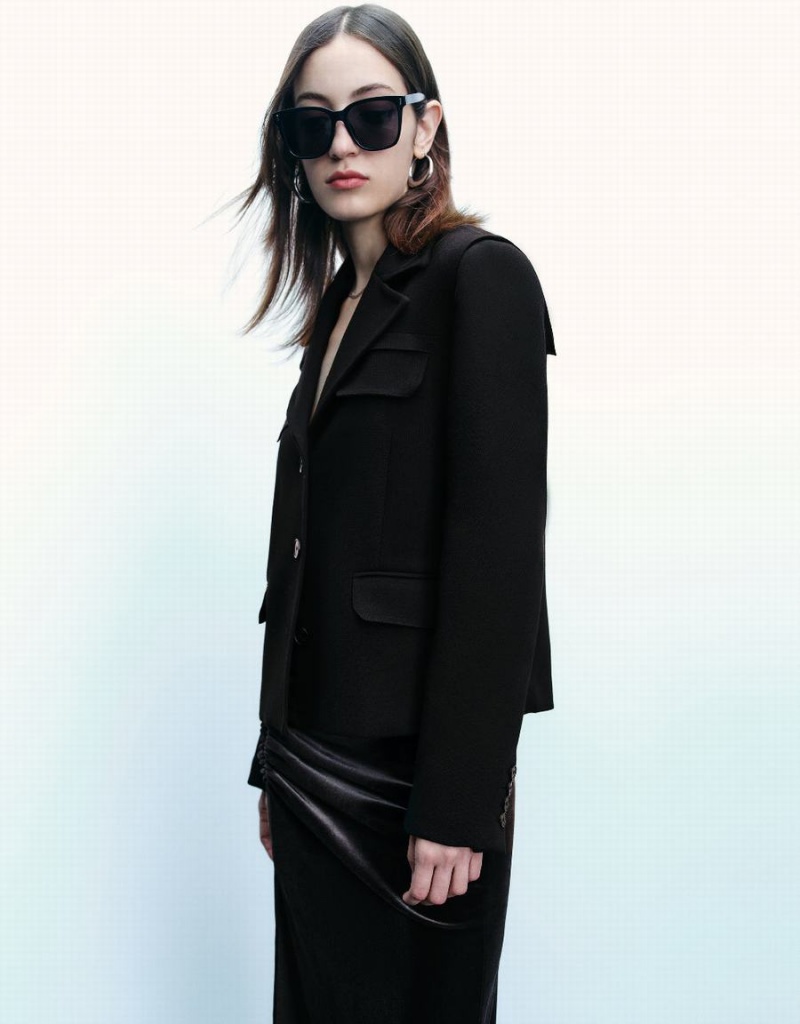 Women's Urban Revivo Notch Lapel Straight Blazers Black | SKZ267DY