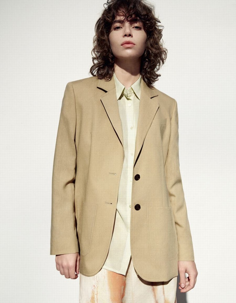 Women\'s Urban Revivo Notch Lapel Tailored Blazers Khaki | PIN7161TT