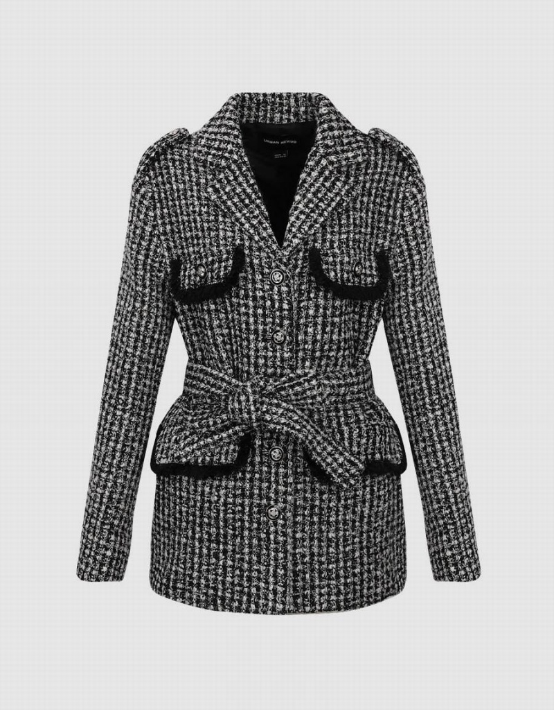 Women's Urban Revivo Notch Lapel Tweed With Belt Jackets Black | FNY1338GS