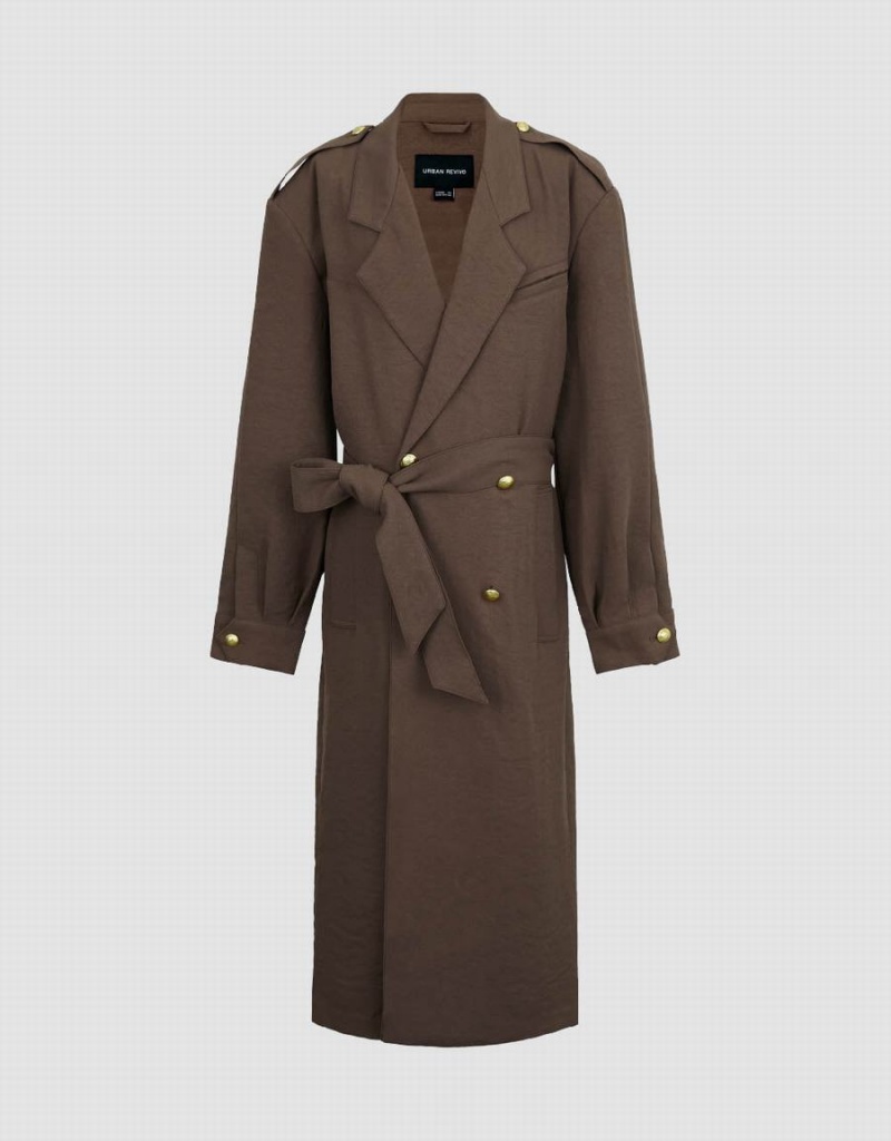 Women's Urban Revivo Notch Lapel With Belt Coats Brown | OSB2379PR