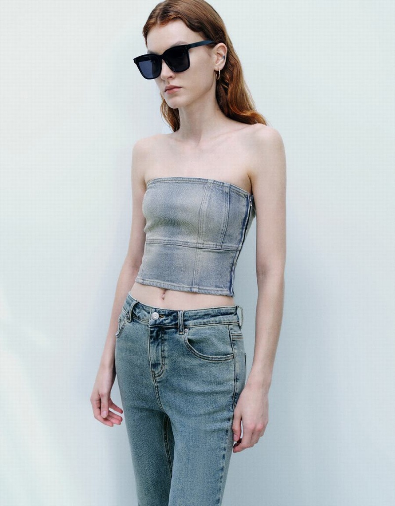 Women's Urban Revivo Off-Shoulder Denim Tube Top Shirts Blue | UYK1718XO