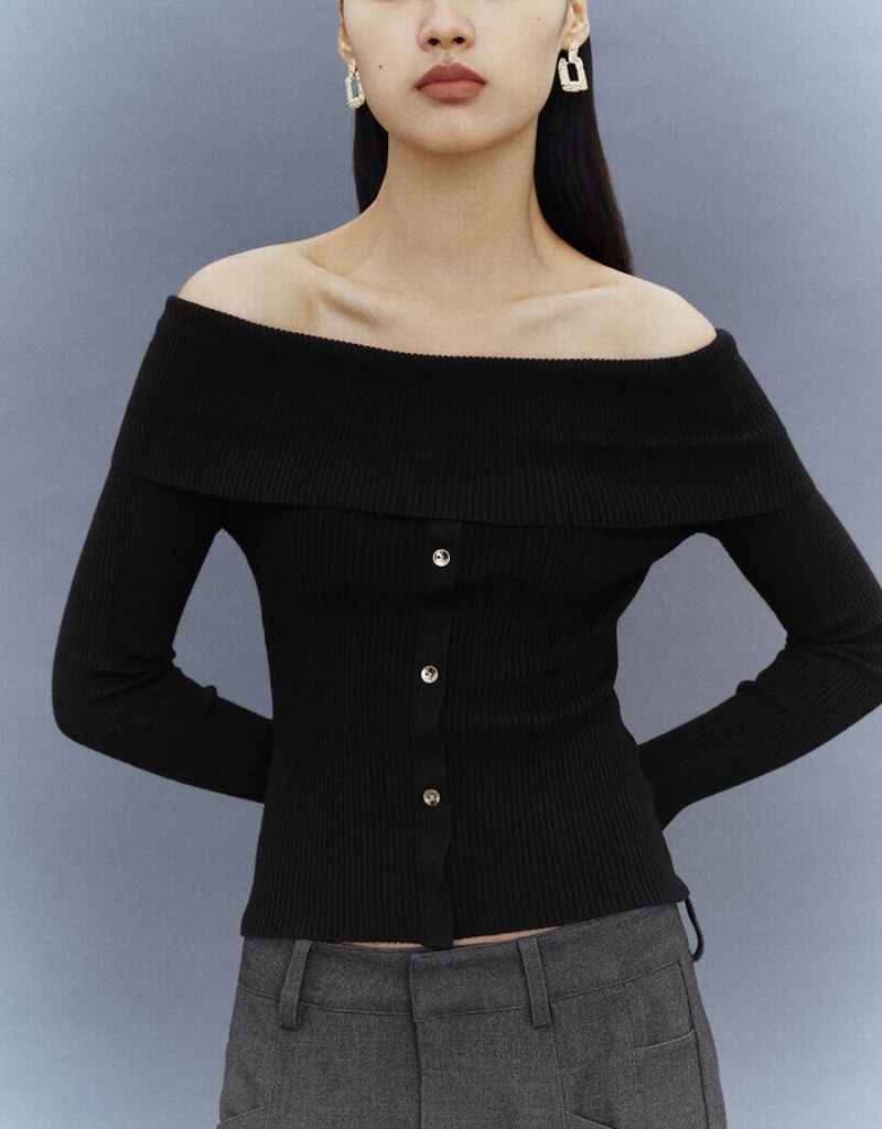 Women's Urban Revivo Off-Shoulder Skinny Knitted Cardigan Black | UOG7292JC