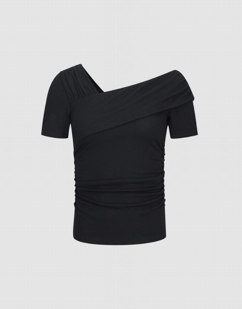 Women's Urban Revivo One Shoulder Skinny T Shirts Black | HOQ1480GE