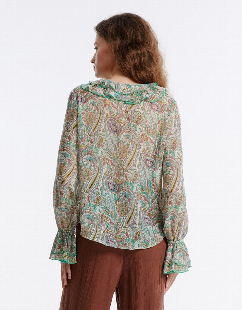 Women's Urban Revivo Paisley Print Ruffled Shirts Green | NTR6151XS