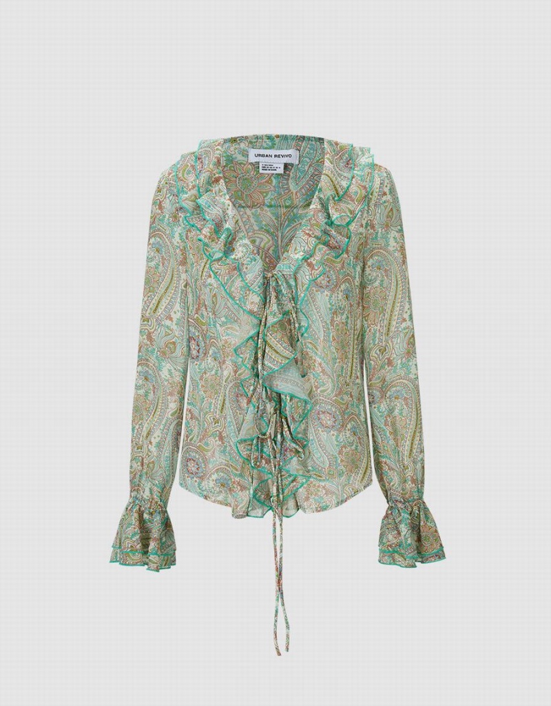 Women\'s Urban Revivo Paisley Print Ruffled Shirts Green | NTR6151XS