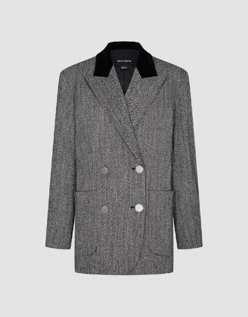 Women's Urban Revivo Peak Lapel Double Breasted Blazers Grey | GZF6042XZ