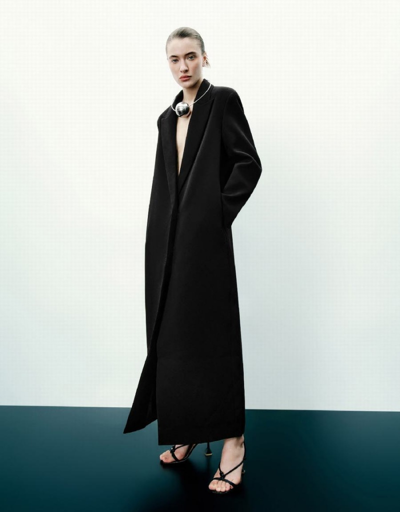 Women's Urban Revivo Peaked Lapel Long Coats Black | HIB3983FL