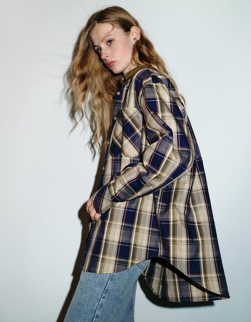 Women's Urban Revivo Plaid A-Line Shirts Brown | ZQG1756MW