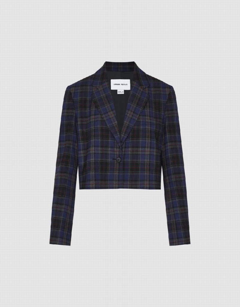 Women's Urban Revivo Plaid Cropped Checkered Blazers Blue | OOE19NT